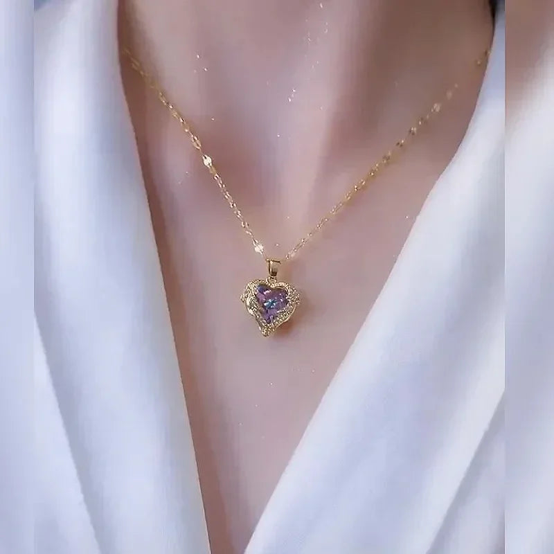 Luxury Colorful Crystal Ocean Heart Pendant Necklace For Women Korean Fashion Stainless Steel Neck Chain Female Wedding Jewelry