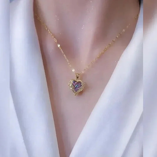 Luxury Colorful Crystal Ocean Heart Pendant Necklace For Women Korean Fashion Stainless Steel Neck Chain Female Wedding Jewelry