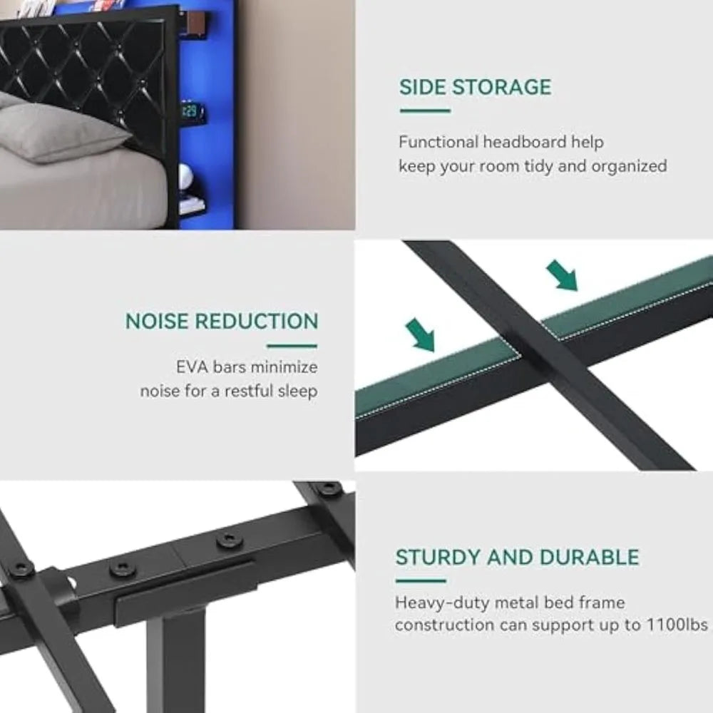 yitahome queen bed frame with rgb led lights headboard & 4 storage drawers, modern upholstered faux leather platform bed with us