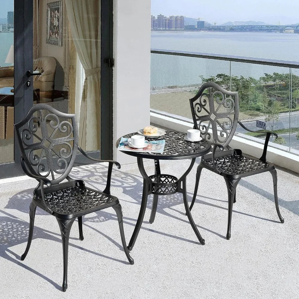 3 Piece Outdoor, Cast Aluminum Patio Bistro Sets with Umbrella Hole, Bistro Table and Chairs Set of 2 for Patio Backyard