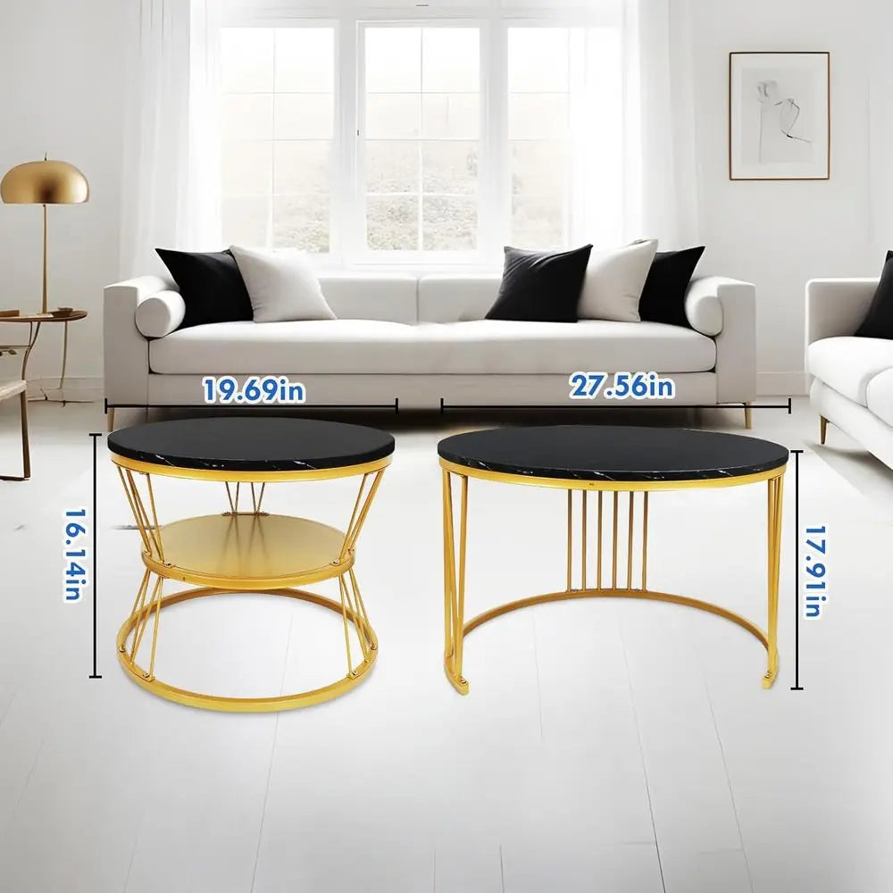 Modern Stackable Black Gold Marble Coffee Table Duo for Small Living Spaces