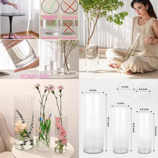 Clear Acrylic Cylinder Vase, Large Floor Standing, Wide Mouth, Unbreakable, 20 Tall, Set of 3, Hurricane Flower Vases for Home D