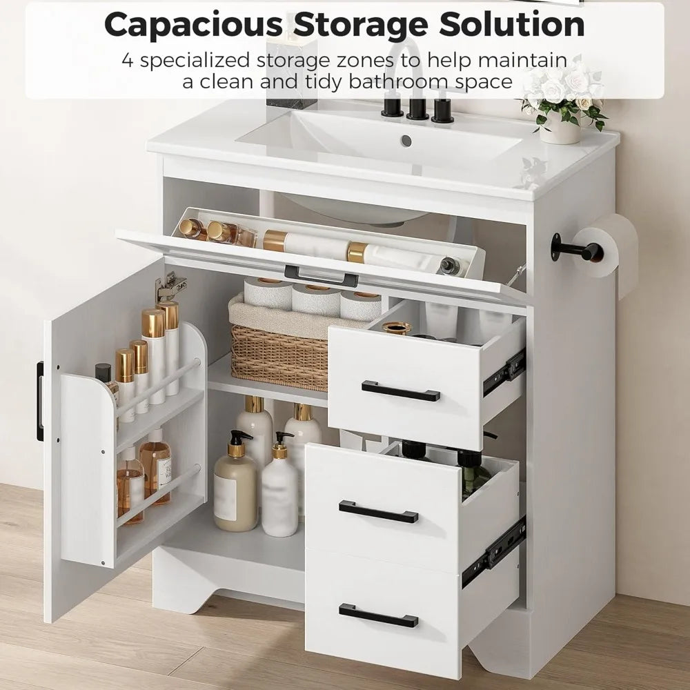 30" Bathroom cabinet with Sink, Cabinet with 2 Drawers, 1 Tip-Out Drawer and 1 Soft-Close Door, Assembly Required