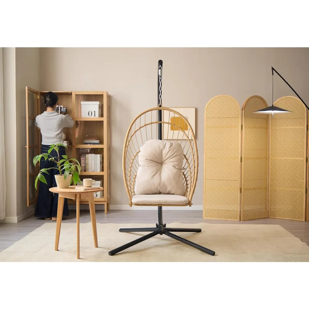 Egg Hanging Chair with Stand - Patio Wicker Swing Hammock Chair. 350lbs Capacity, Cushioned. Ideal for Bedroom, B