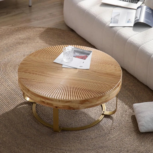 Rustic Circular Coffee Table with Metal Stand, 31.5" Diameter Table for Living Spaces and Offices