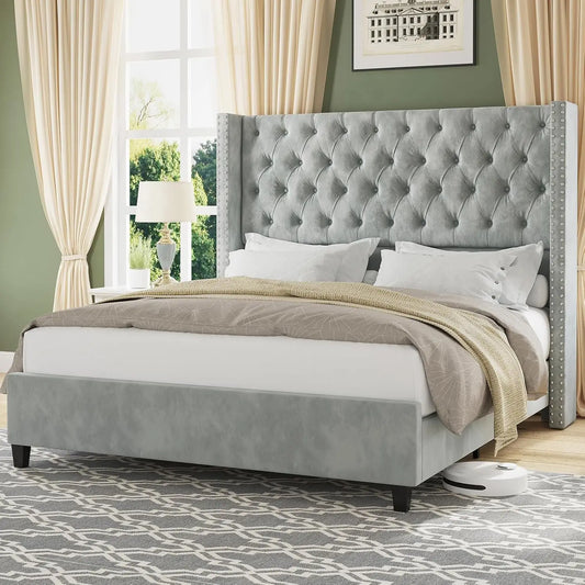 Queen Size Platform Bed Frame Velvet Upholstered Bed with Nailhead Trim Wingback Headboard 51.6" Tall,Button Tufted, Light Grey