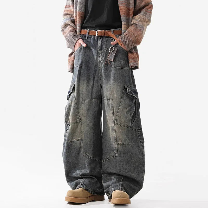 Retro Multi Pocket Curved Knife Jeans Autumn And Winter Vintage Wide Leg Workwear Pants Korean Version High Street Men'S Jeans