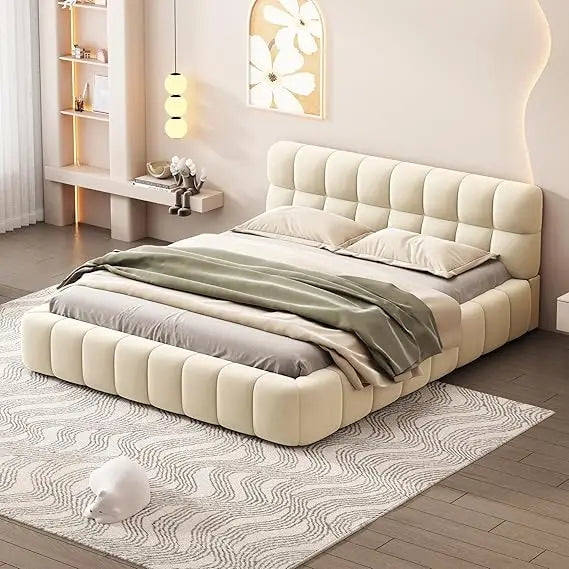 Merax Contemporary Queen Size Linen Wingback Bed Frame, Low Platform Design, No Box Spring Needed, Beige Upholstery