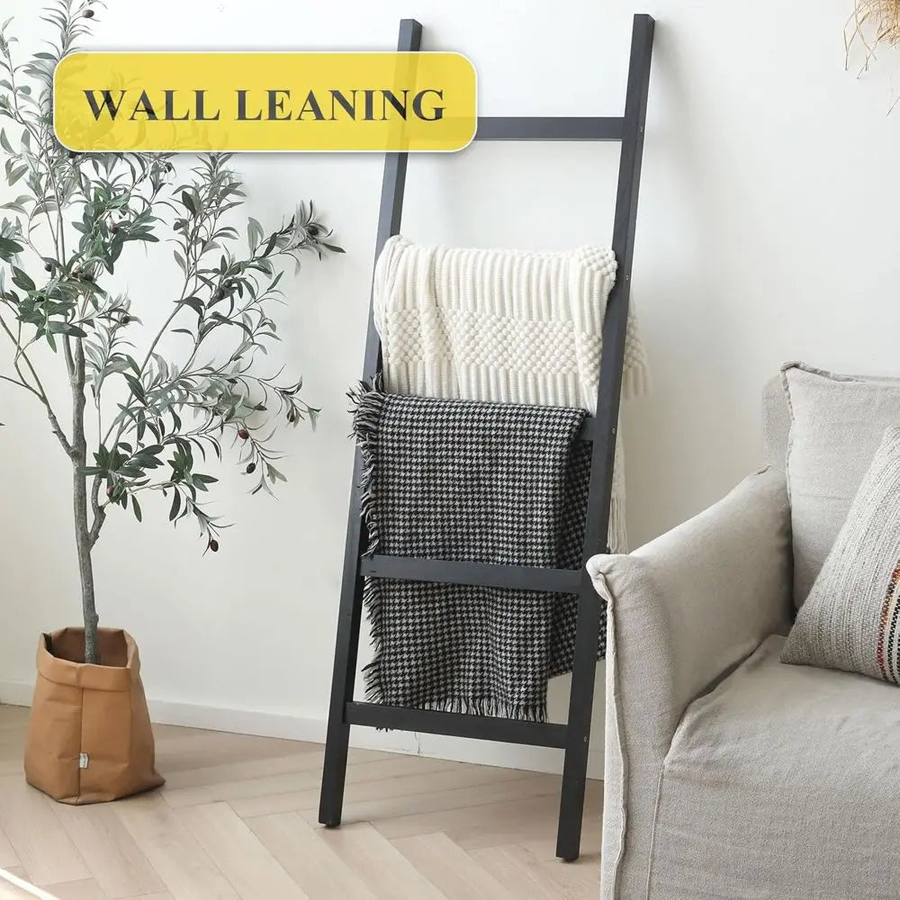 Rustic Black Wooden Ladder for Wall-Mounted Blanket and Quilt Display in Living Room, Farmhouse Style Bathroom Towel Rack