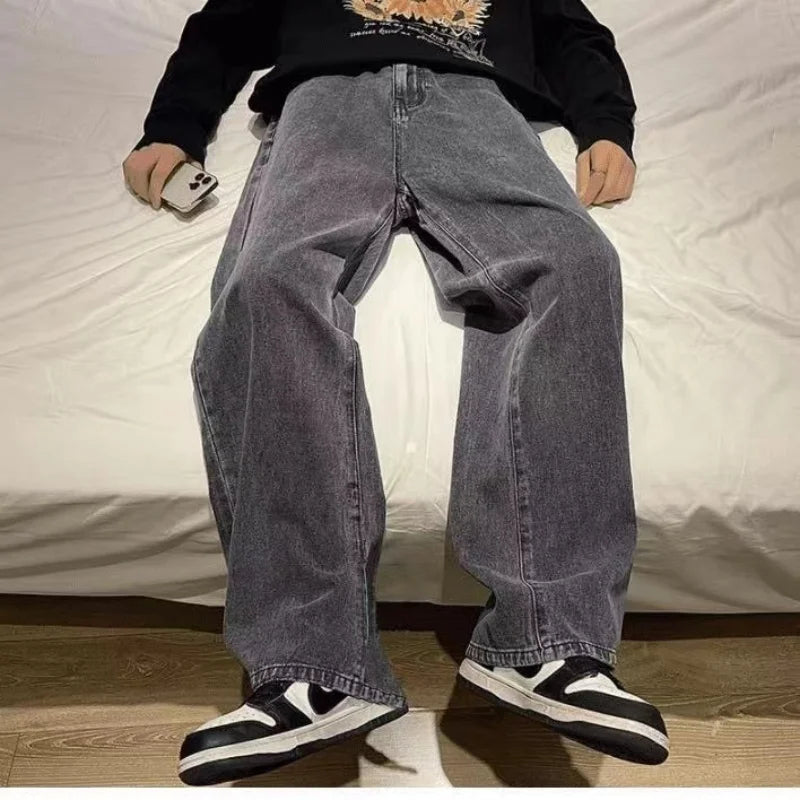 2024 New Streetwear Loose Jeans Men Korean Style Fashion Loose Straight Wide Leg Pants Men's Brand Clothing Black Light Blue