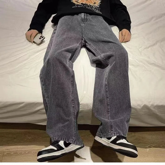 2024 New Streetwear Loose Jeans Men Korean Style Fashion Loose Straight Wide Leg Pants Men's Brand Clothing Black Light Blue