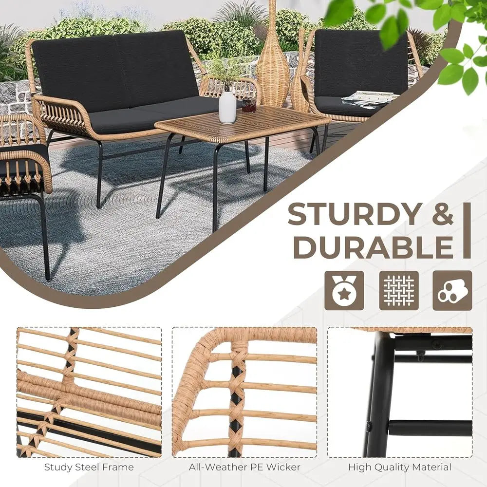 Weather-Resistant 4-Piece Rattan Patio Set with Cushions and Coffee Table for Outdoor Conversations