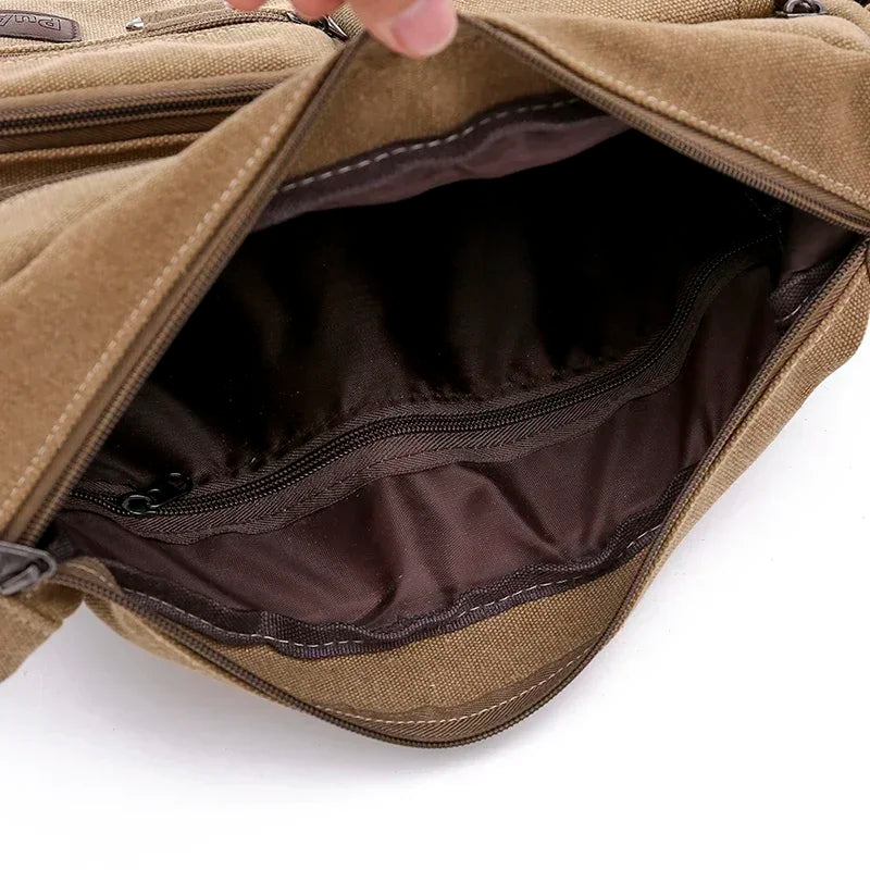 Men Canvas Shoulder Bag Travel Handbags Multifunction Messenger Bags Solid Zipper Top-handle Pack Casual Crossbody Bags Designer