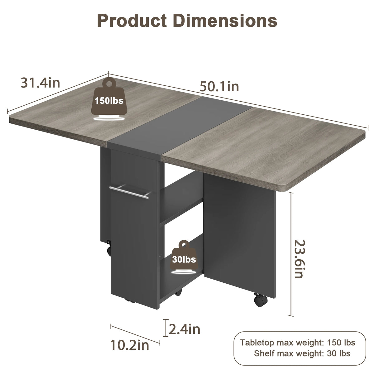 Folding Dining Table Drop Leaf Dining Table with 6 Wheels and 2-Layer Storage Shelf Space Saving Dining Table for Small Spaces