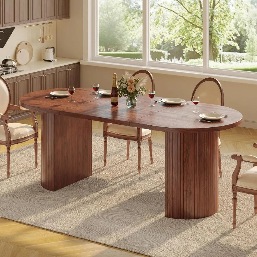 70.8 Inch Oval Dining Table for 48 People with Curved Fluted Wood Strip Base MidCentury Modern Design Kitchen and Living Room D