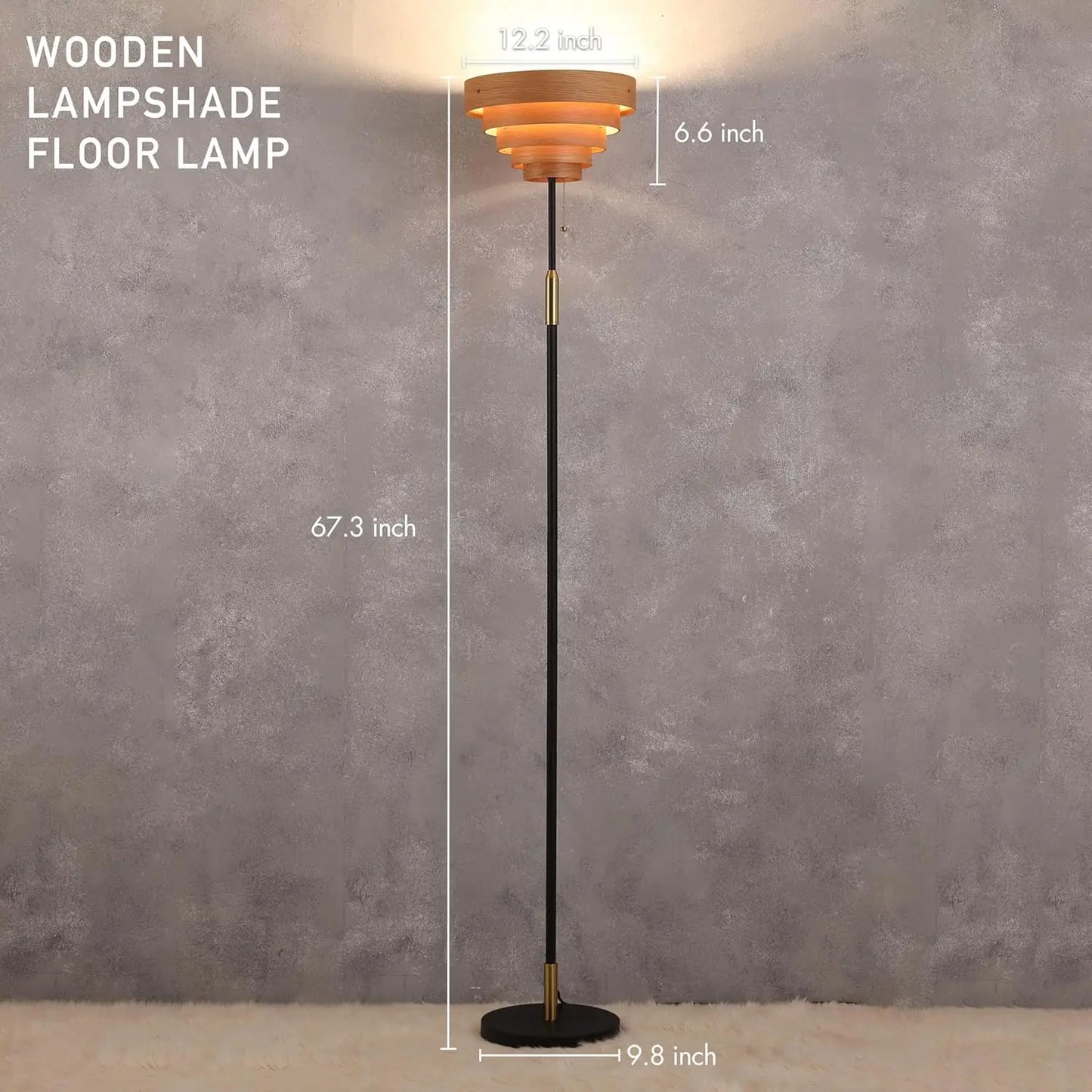 Cascade Floor Lamp, Modern Wooden Shade, E26, Pull Chain, Metal Base, Black – For Living Room, Bedroom, Office