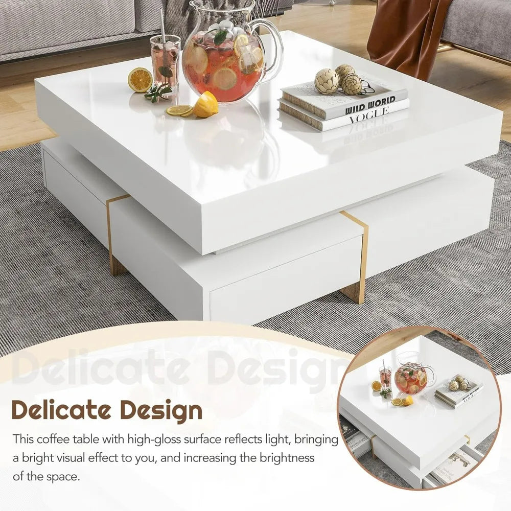 Coffee Table, Modern High Gloss Coffee Table with 4 Drawers, Multi-Storage Square Center Cocktail Table with Wood Grain Legs fo