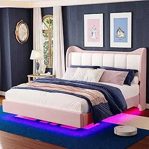 Velvet-Covered King Size Platform Bed Frame with LED Lighting, Headboard Included, Solid Wood Slat Support, No Box Spring Needed