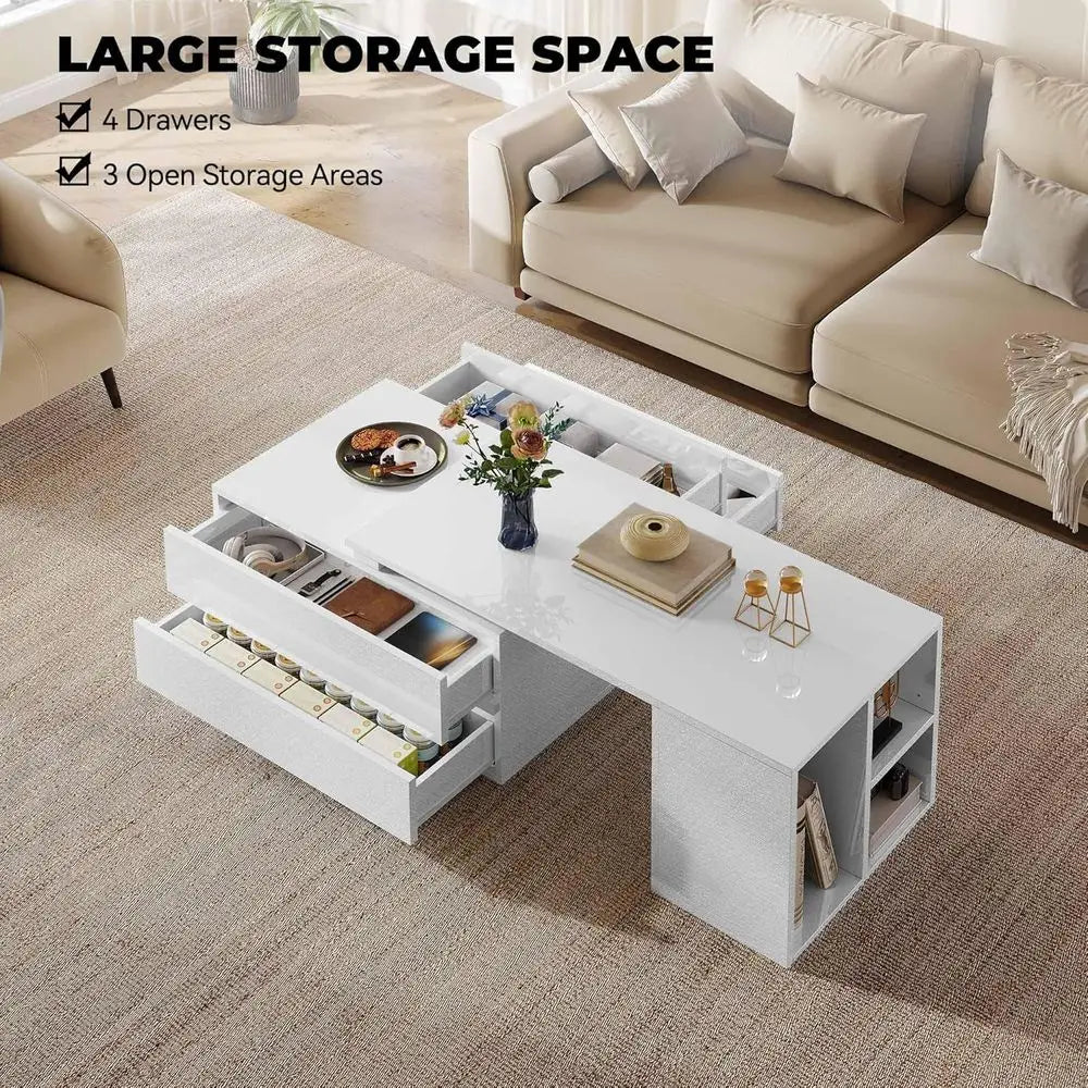 Modern Rectangular LED Coffee Table with Storage, 4 Drawers, Extendable 35-61 for Living Room, White