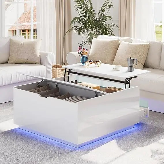 High Gloss Coffee Table with Storage,White Square Lift Top Coffee Tables with LED & Flip Lid, Small Modern Coffee Table for Livi