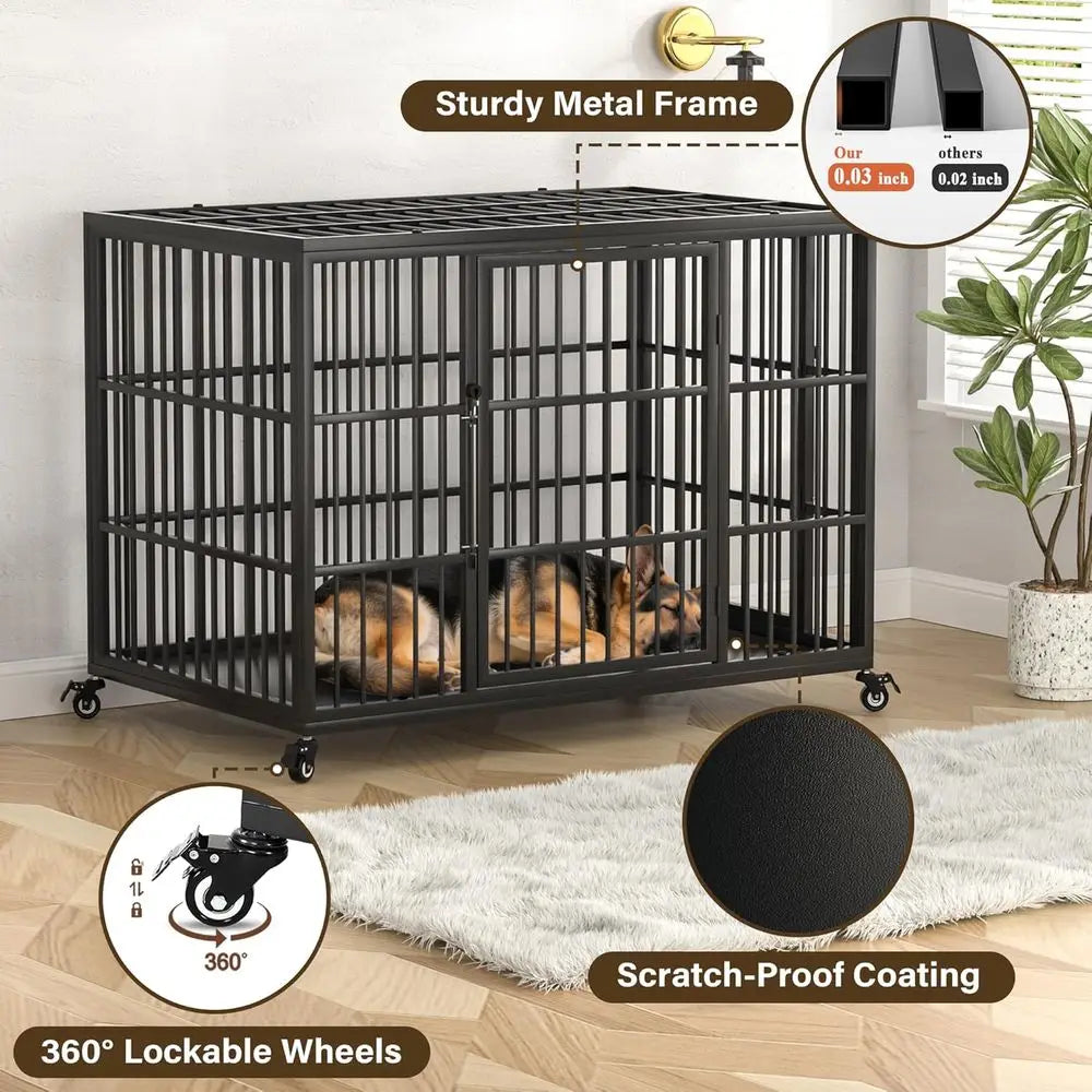 Extra-Large Heavy-Duty Dog Crate with Self-Locking, Steel Indoor Kennel for Large Breeds, XL Double-Door Metal Pet Cage on Wheel