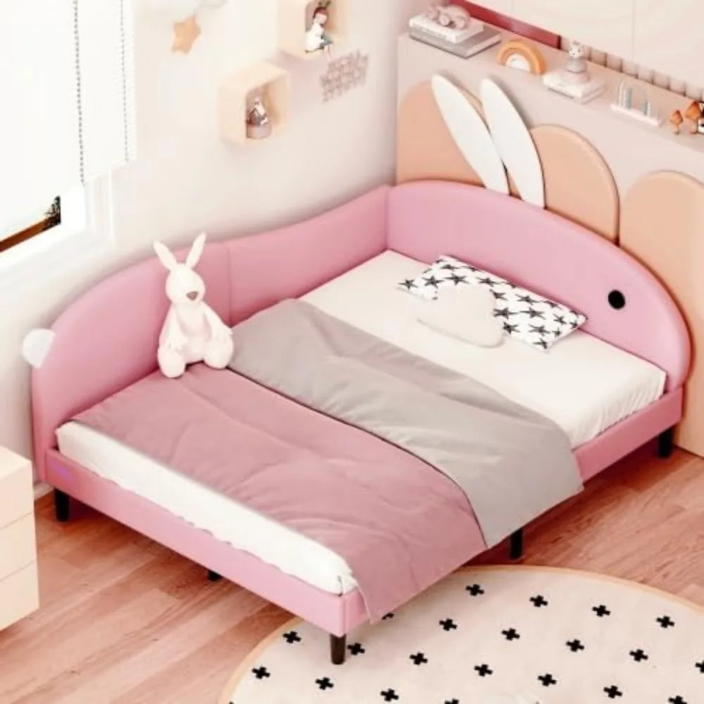 Upholstered Rabbit Ear Headboard Kids Daybed, Full Size Bed Frame for Girls in Pink