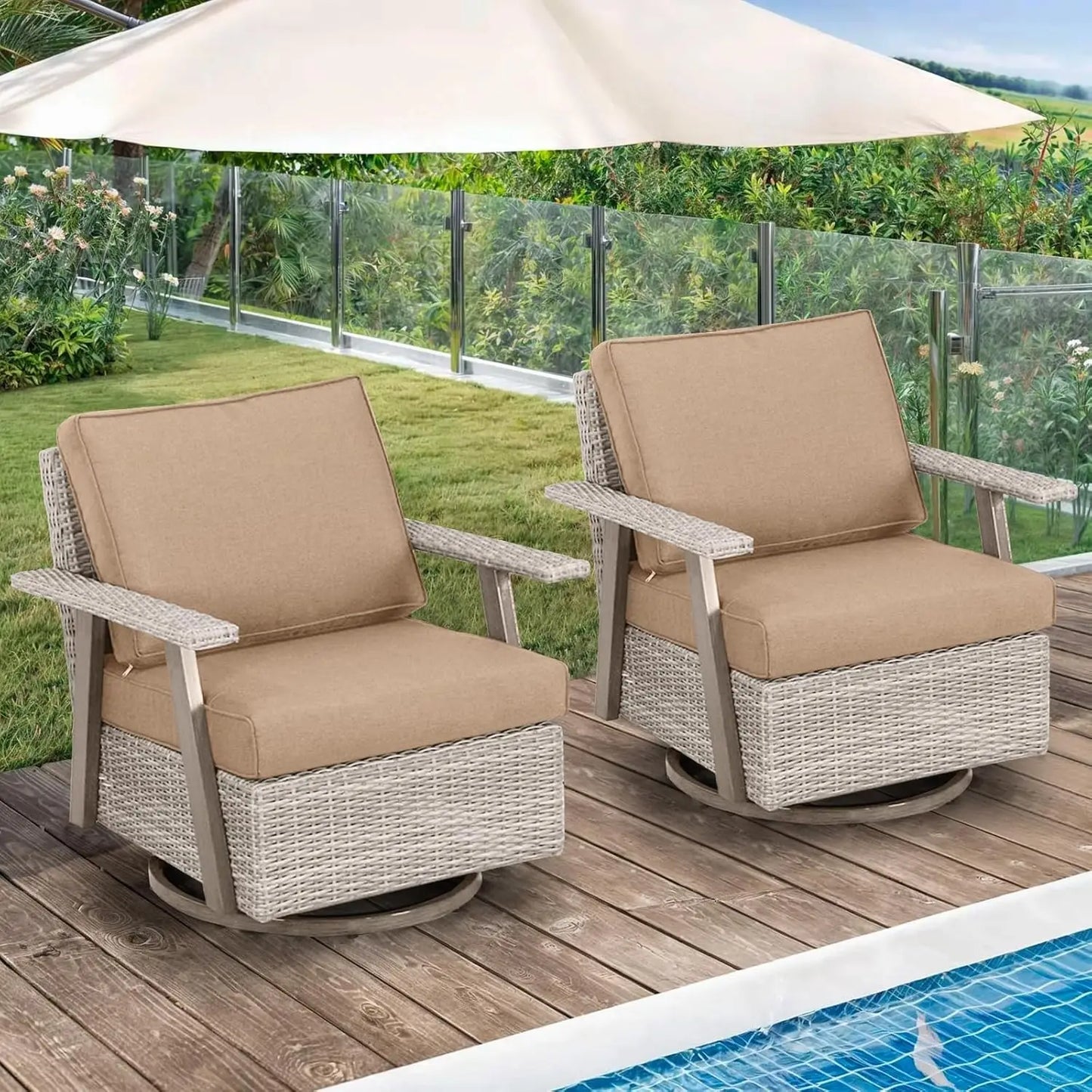 2 Pieces Oversized Outdoor 360° Swivel Rocker Patio Chairs Set, Swiveling Rocking Glider Chairs Set of 2, PE Wicker Rattan Outdo