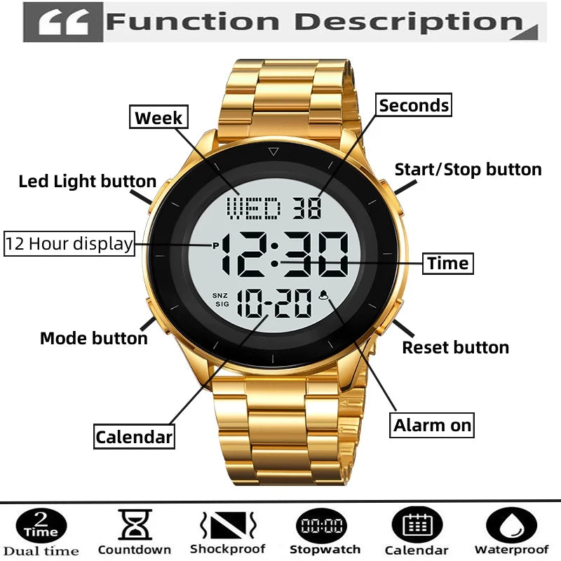 Skmei Dual Time Zone LED Digital Wristwatch Luxury Steeel Band 3Bar Waterproof Alarm Clock Mens Military Sports Bracelet Watches