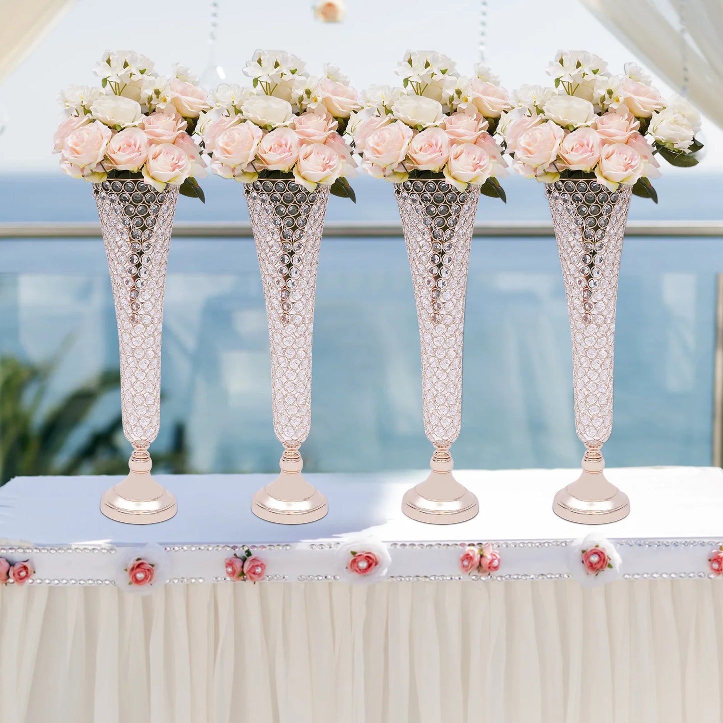 4 Pcs Elegant Gold Crystal Trumpet Floral Vase Set, Luxury Wide Mouth Vases with Sturdy Base for Home Bedroom Balcony Decor