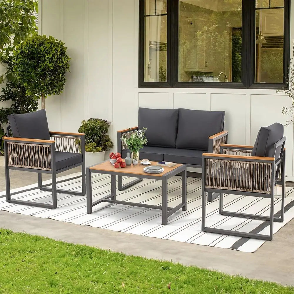 All-Weather Outdoor Patio Set: Solid Wood Balcony Furniture with Wicker & Cushioned Metal Chairs