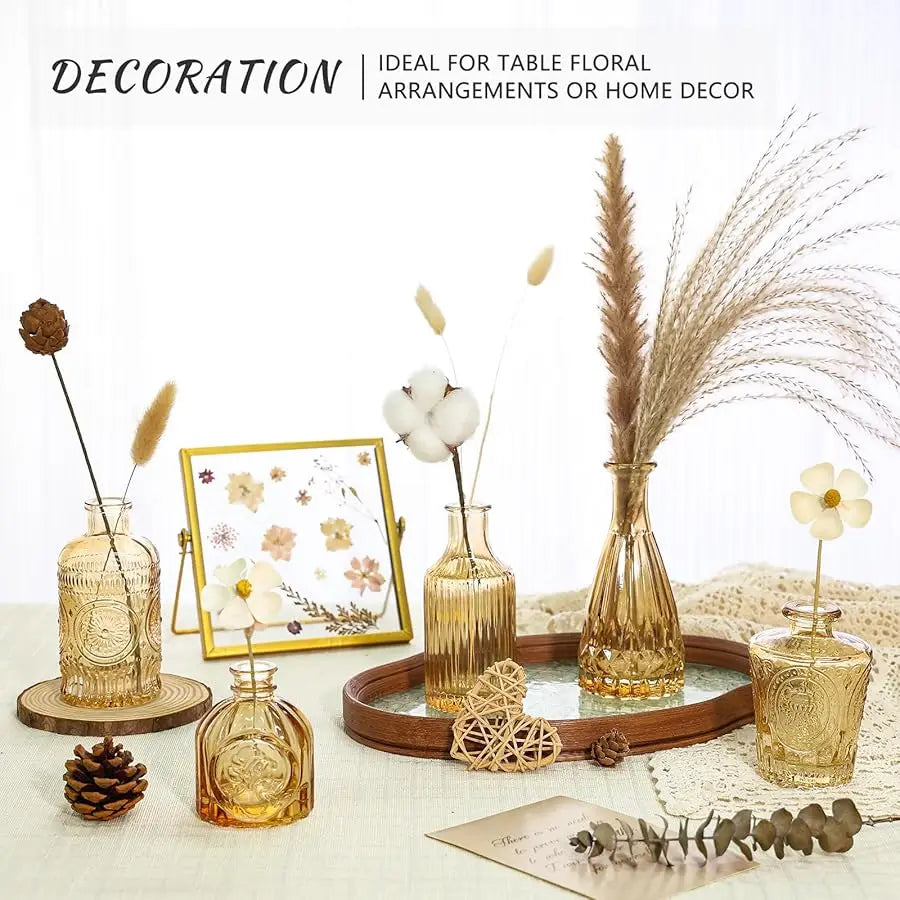 Glass Bud Vase Set of 5, Gold Amber Small Flower Vases for Centerpieces in Bulk, Mini Vintage Vase for Rustic Wedding, Home,Tabl