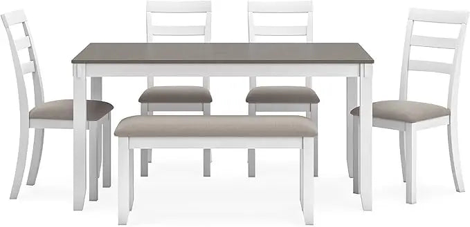 Signature Design by Ashley Stonehollow Modern Farmhouse Dining Table with Upholstered Chairs and Bench, Set of 6, White & Gray