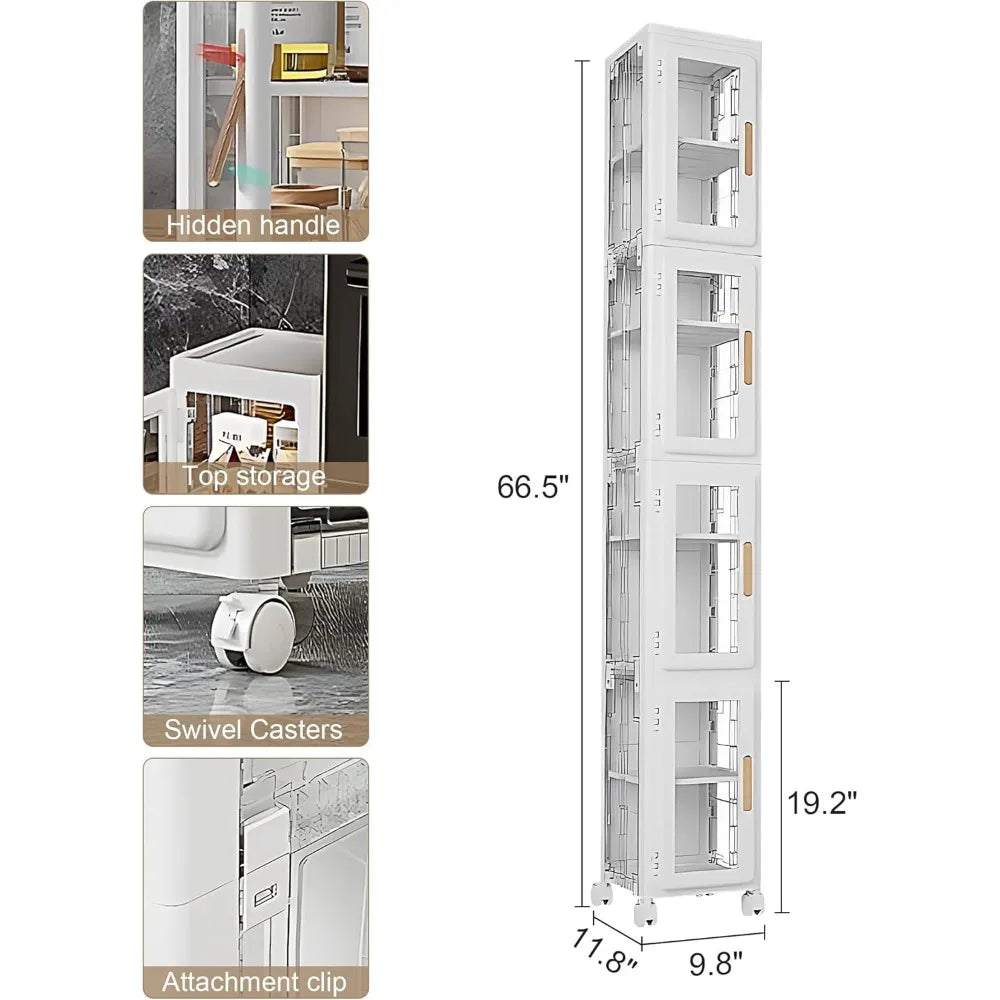 4-Tier Slim Storage Cabinet with Lockable Wheels, Adjustable Shelves for Bathroom, Kitchen, Living Room, Easy Assembly