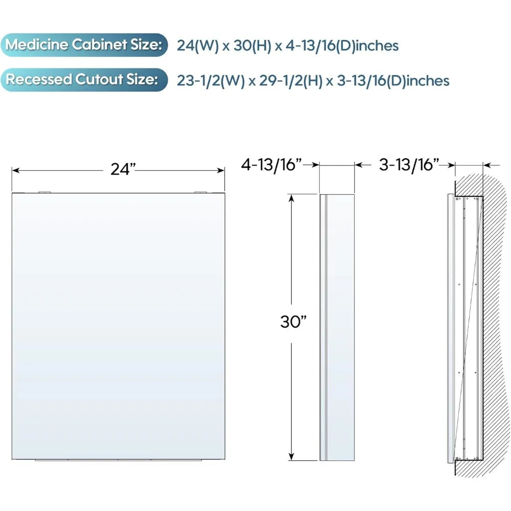 24 x 30 Bathroom Medicine Cabinet, Anodized Chrome Aluminum Frame, Medicine Cabinet with Adjustable Glass Shelves, Bathr