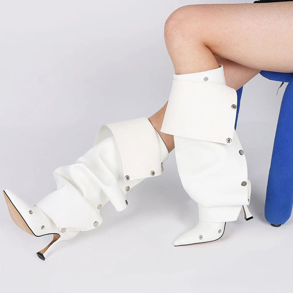 DoraTasia Fashion Fold Over Knee High Boots Pleated Pointed Toe Stiletto High Heeled Women Boots Zipper Rivet Shoes For Woman