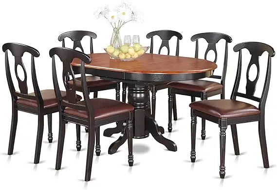 Modern 7-Piece Dining Set with Oval Table and Butterfly Leaf, Including 6 Faux Leather Chairs