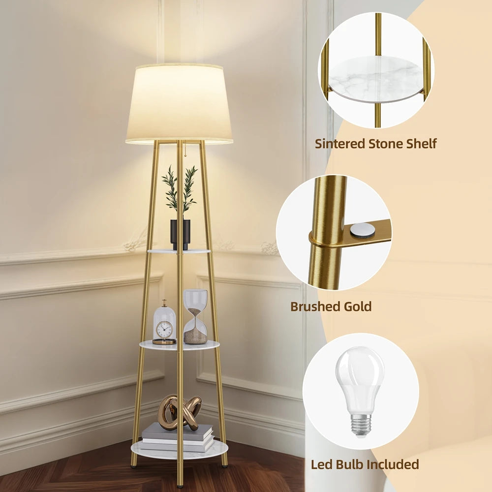 Floor lamp with shelf, modern corner display column bookshelf lamp, suitable for living room,  white marble and golden pillars
