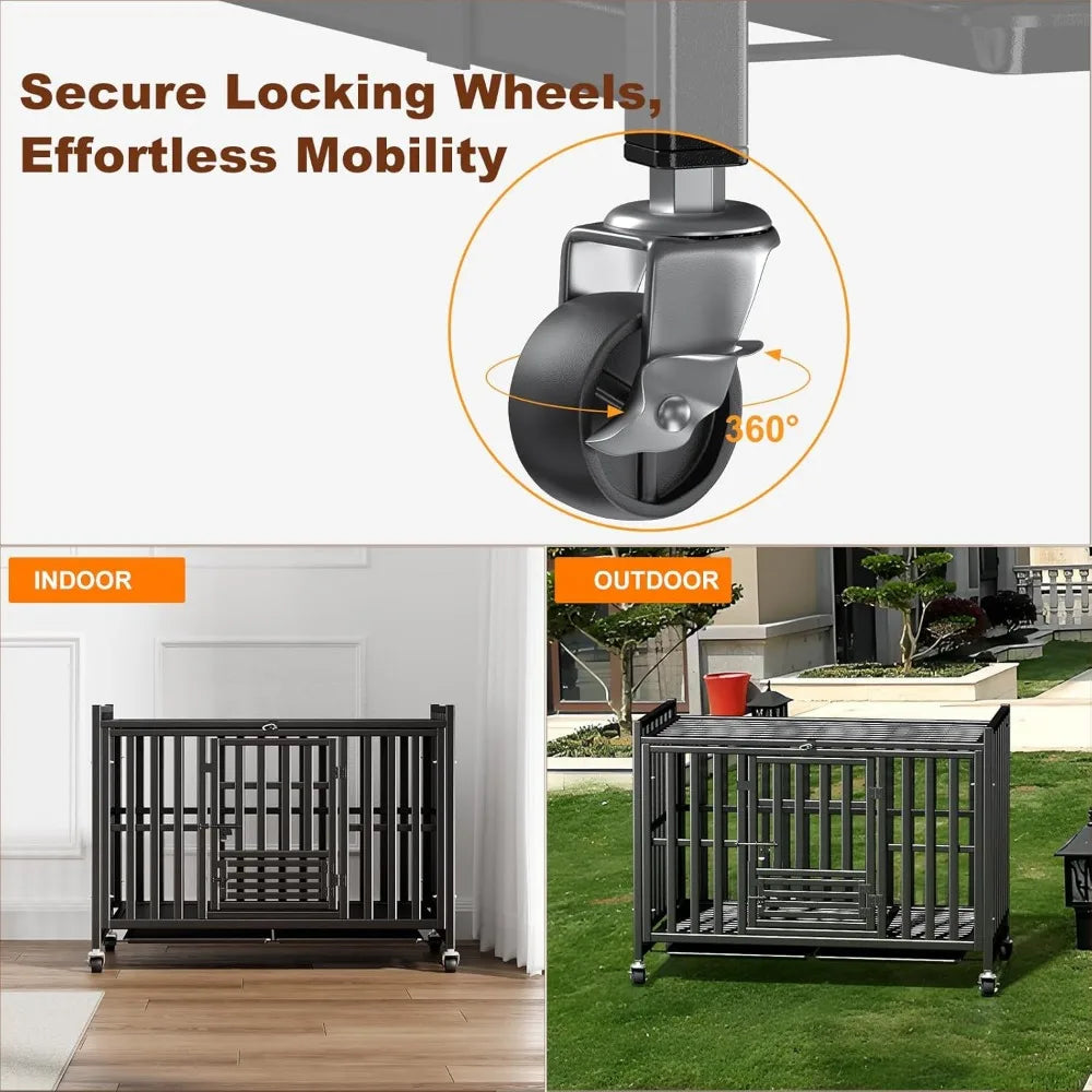 42 inch heavy duty dog crate, upgraded thickened steel frame indestructible kennel for large & high anxiety dogs, escape proof d