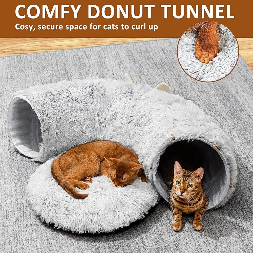Cat Tunnel Bed – Plush Donut Cave for Indoor Cats, Fits Under Christmas Tree – Grey
