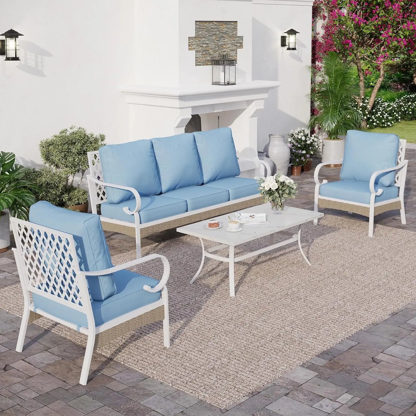 4 Piece Metal Outdoor Patio Furniture Set, Patio Conversation Sets 1 2-Seater Sofa, 2 Single Sofa with 5.75" Extra Thick Cushion