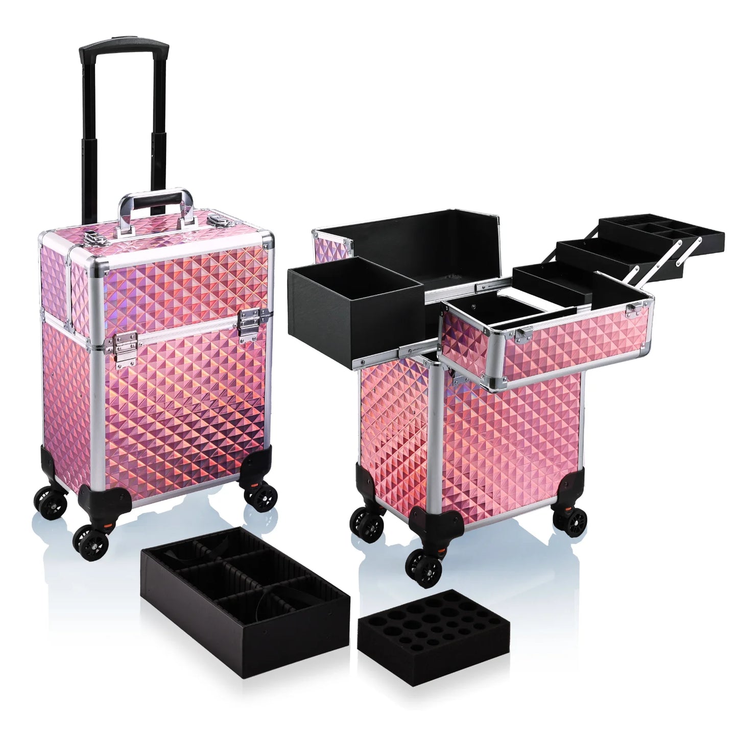 Rolling Makeup Train Case Large Storage Cosmetic Trolley 4 Tray with Sliding Rail Removable with Key Wheels Traveling Cart Trunk