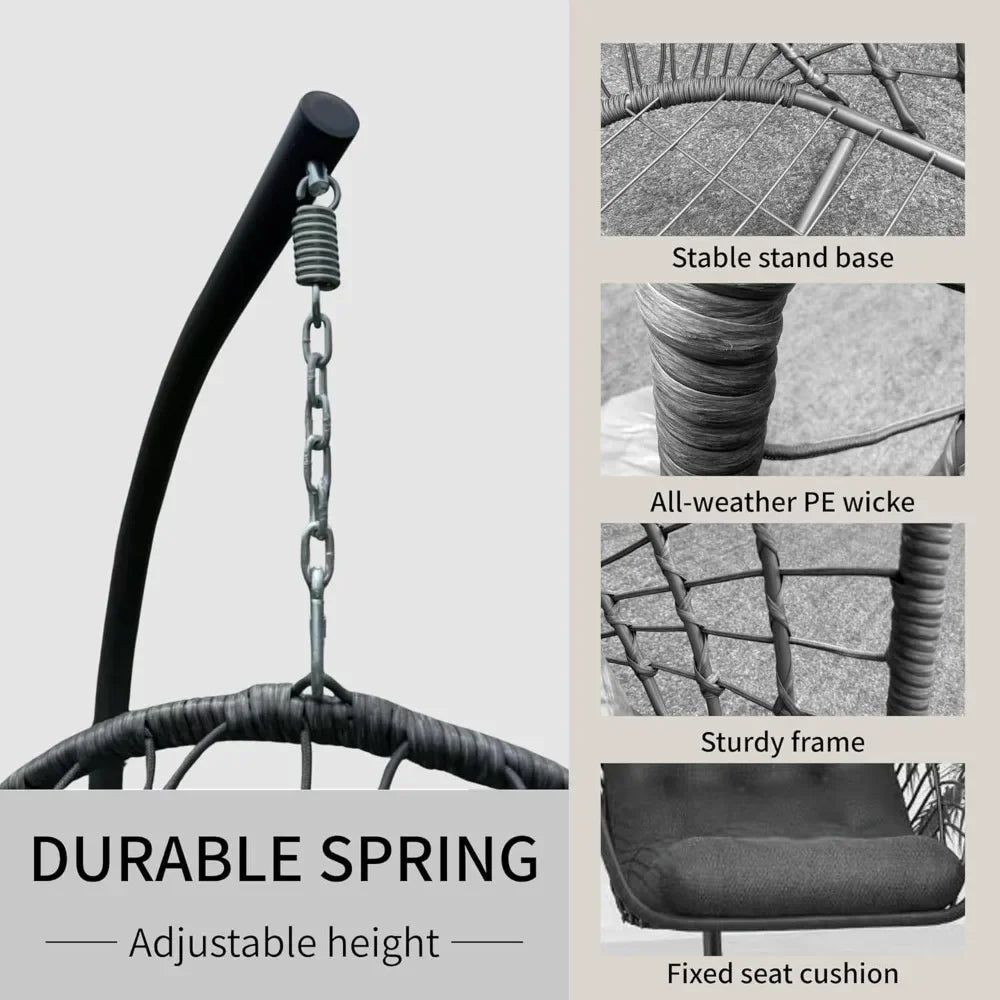 Foldable Rattan Wicker Hanging Egg Chair with Stand for Indoor And Outdoor Use - Swing Chair for Bedroom Porch Patio Garden