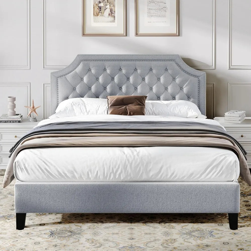 Grey Linen Upholstered Full Size Bed Frame with Adjustable Headboard and 12 Underbed Storage