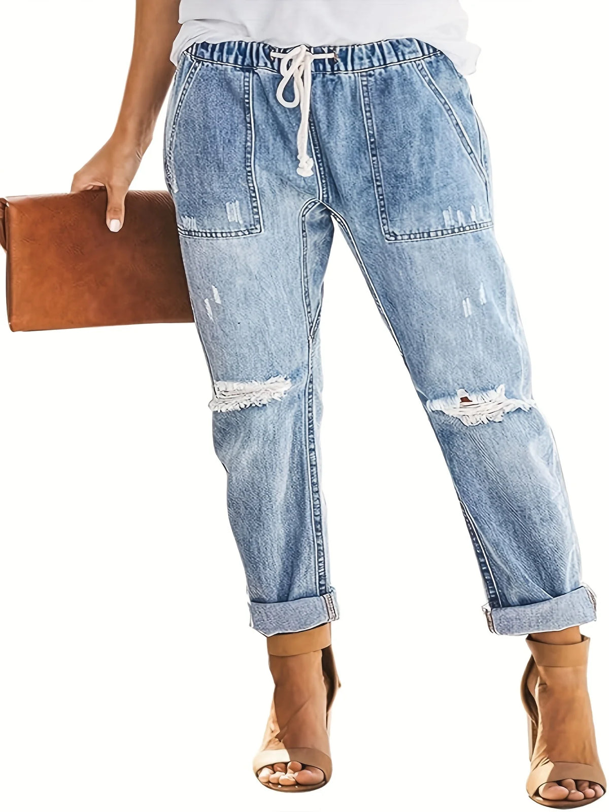 Women's fashionable wash light blue large pocket drawstring rubber waist-tightening hole straight-tube casual jeans