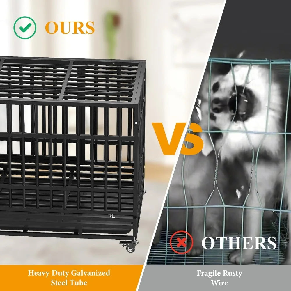 48 Inch Heavy Duty Dog Crates, Escape Proof Dog Cage Large Dogs with Wheels, Indestructible Steel Dog Cage with Upgraded