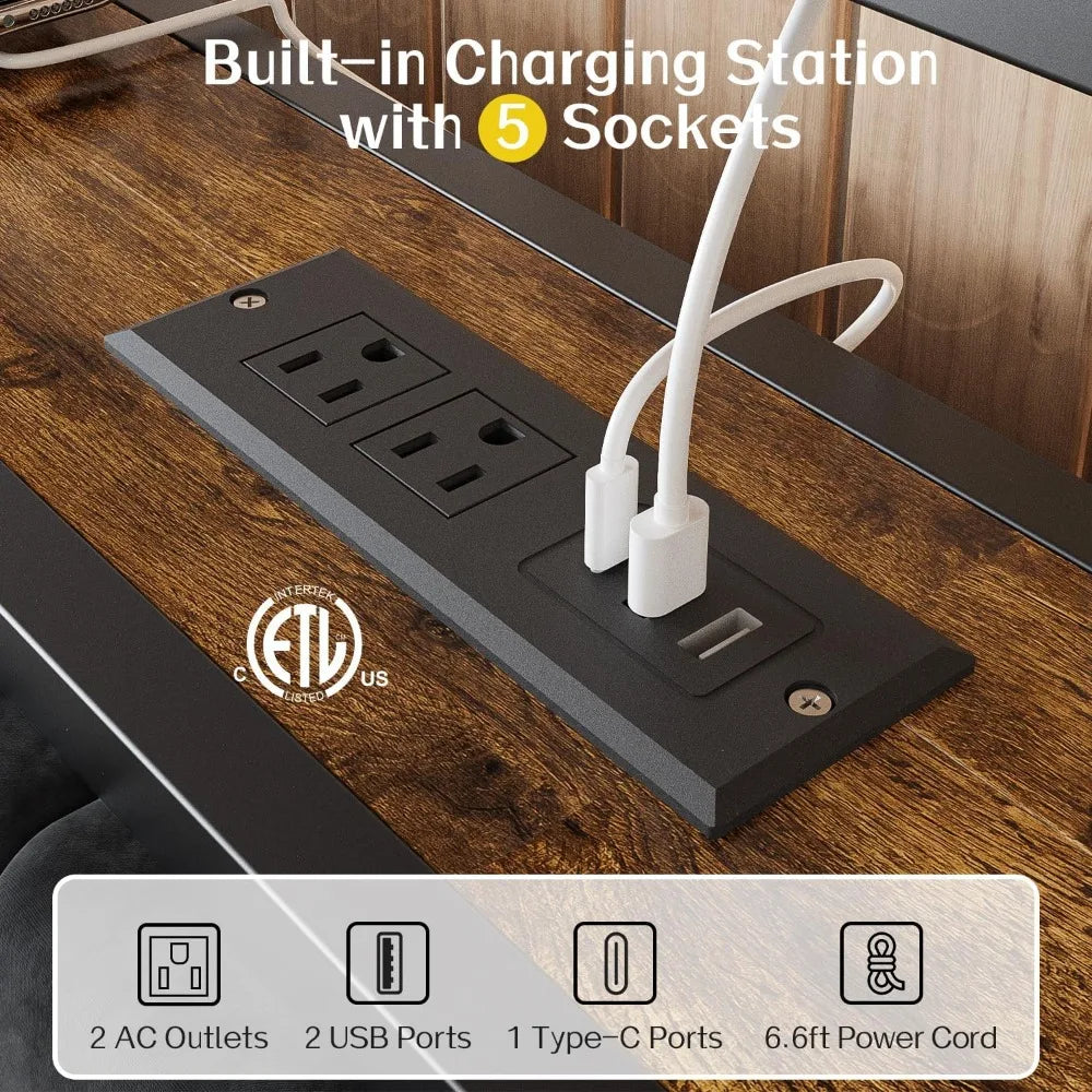 Metal Queen Bed Frame with 2-Tier Storage, LED Light Headboard, and Charging Station Type C