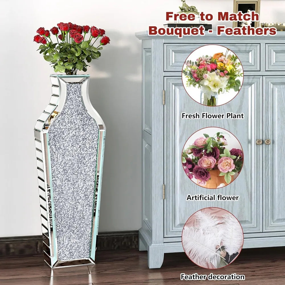 Large Crystal Vase with Crushed Diamond Effect for Living Room Decor and Big Glass Vase Accents