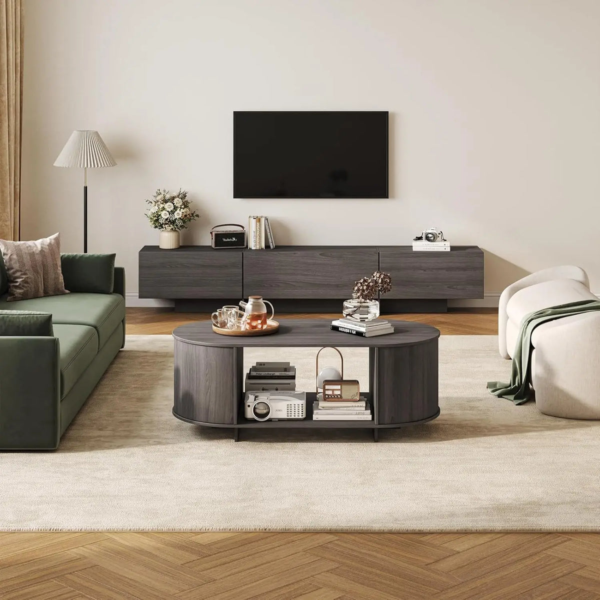 76.4'' Modern TV Console & Coffee Table Set, 4-Drawer Storage, Grey Oval Living Room Furniture