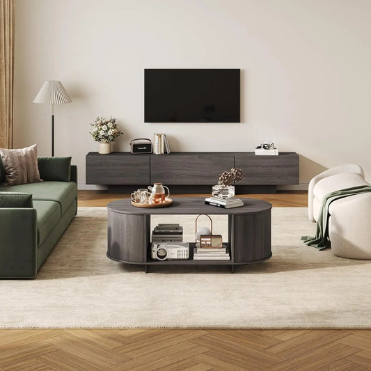 76.4'' Modern TV Console & Coffee Table Set, 4-Drawer Storage, Grey Oval Living Room Furniture