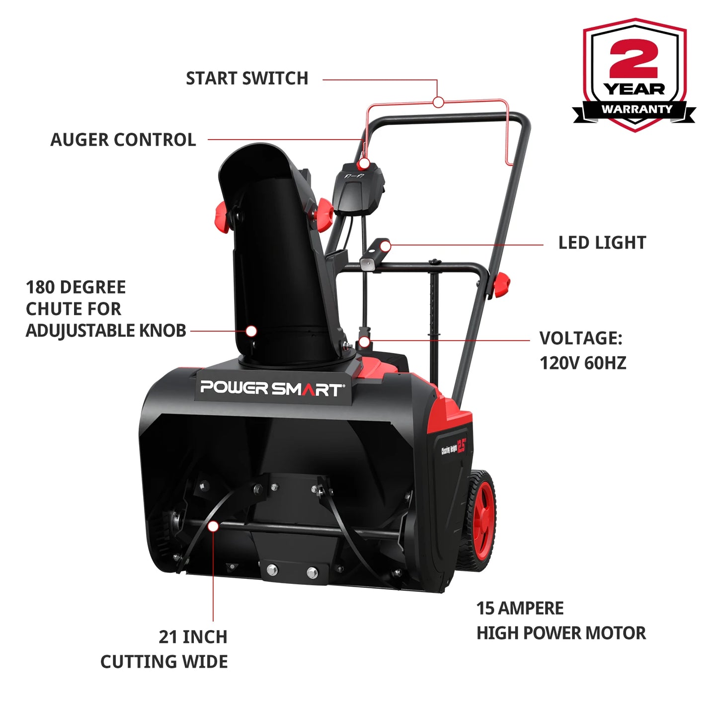 PowerSmart 15A Electric Snow Thrower, 21" Snow Blower with 180° Chute, LED Light, Lightweight for Yard, Driveway & Sidewalk